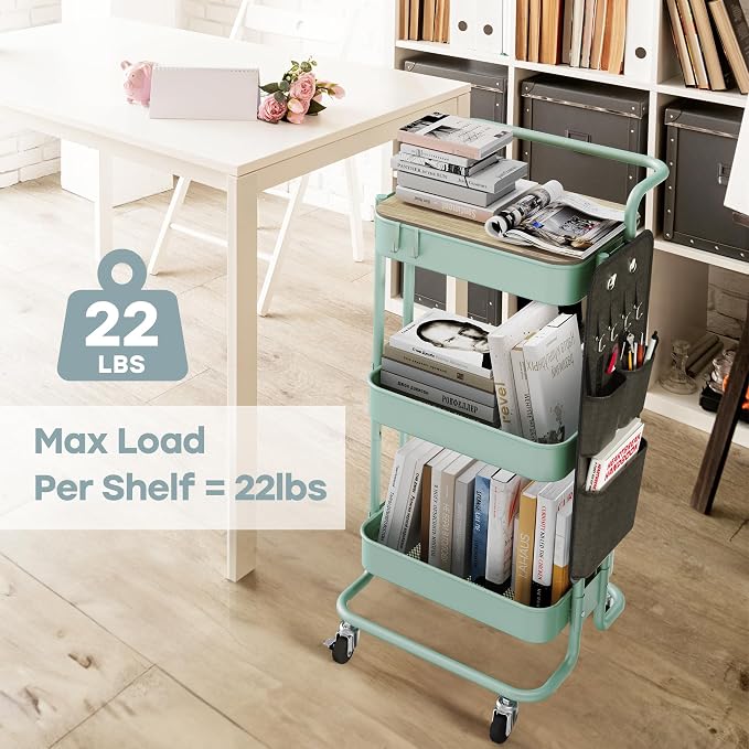 DTK 3-Tier Rolling Cart with Table Top, Metal Utility Cart with Side Bags | Tray Storage Organizer, Lockable Wheels, 4 Hooks, Art Cart for Kitchen, Bathroom, Office, Craft room, Living room, Green