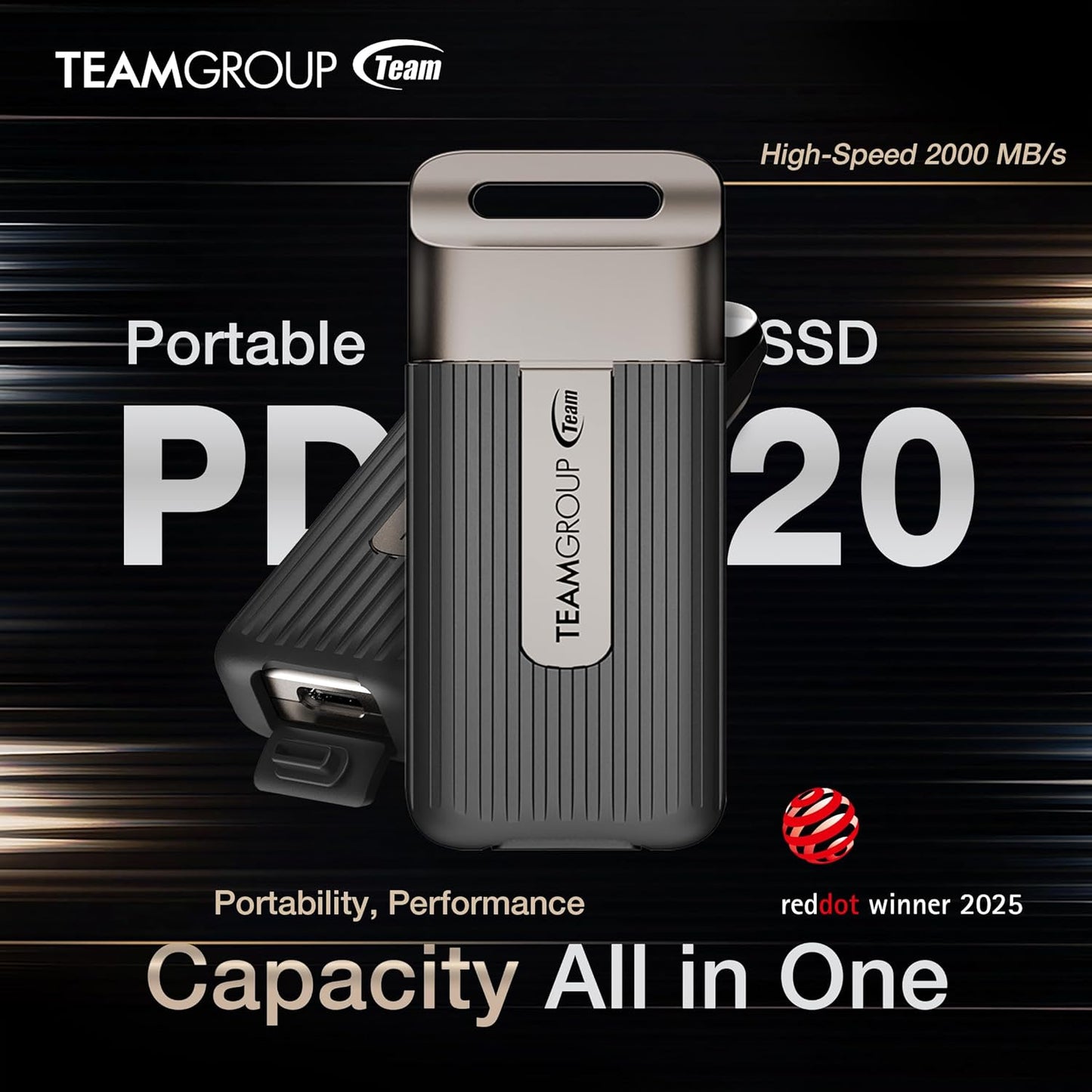 TEAMGROUP PD20 2TB Portable External Solid State Drive SSD Read up to 2000MB/s USB 3.2 Gen2x2 Type-C Waterproof Dustproof IP54 TPSEG5002T0C102