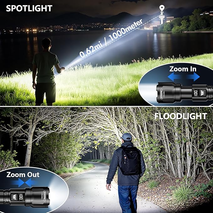 WdtPro Rechargeable Flashlights 2 Pack, Super Bright LED High Lumens Tactical Flash Light with LCD Battery Display, Zoomable 3 Modes, Powerful Handheld Flashlights for Home Emergencies Camping Outdoor