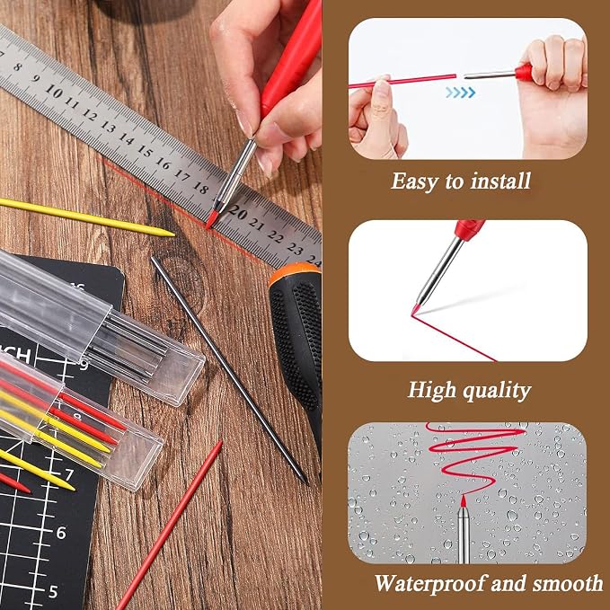 TuTuYa 36Pcs 2.8mm Pencil Refill Red, with 1 Carpenter Pencil w/Sharpener | Waterproof Lead Refills Replacement, Long Reach/Deep Hole/Long Nose for Architect &Carpenter Woodwork Construction Building
