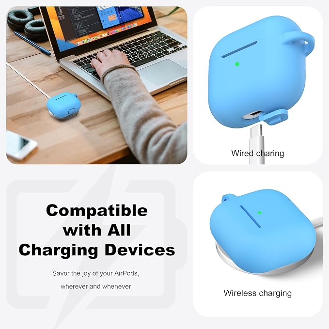 R-fun Compatible with AirPods 3 Case Cover, Silicone Protective Accessories Skin with Keychain Compatible with Apple AirPod 3rd Generation 2021 for Women Men Girls Boys,Front LED Visible,Light Blue