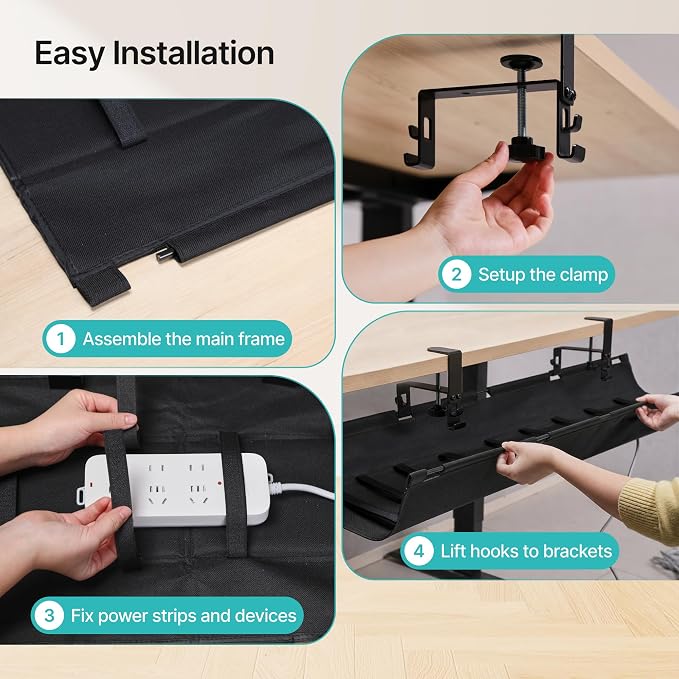 PEGZONE No Drill Under Desk Cable Management Tray, 47.2" Fabric Organizer | Clamp/Screw Premium Mount Cord Holder, for Power Strips, Adapters, with 2 Hooks & 1 Tie Roll for Home Office Gaming, Black