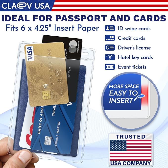 Claev Flexible and Tear Resistant Vertical 4x6 Passport & Card Holders (4x6 Extra Large (XXL), 250 Pack), Clear Zipperless ID Plastic Name Card Badge Holders for Travel, Conferences, Conventions | Bulk clear waterproof ID badge holders, fits 4 x 6 inse...