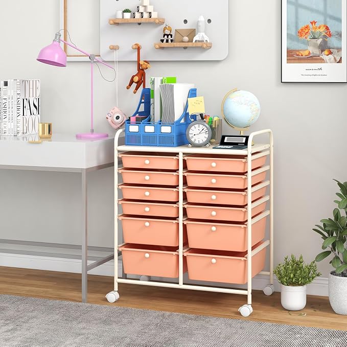 BECOMFORT 12-Drawer Rolling Cart with Drawers, Storage Cart on Wheels, Teacher Classroom Organizers with Metal Frame, Mobile Craft Cart, Trolley Utility Cart for School Office Play Room