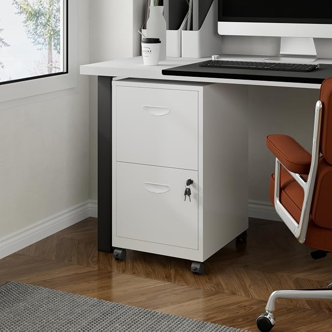 Polup 2 Drawer Rolling File Cabinet with Lock for Home Office | Metal Mobile Filing Cabinet on Wheels, Small Under Desk Storage, Fits Hanging Letter Size, Printer Stand, White