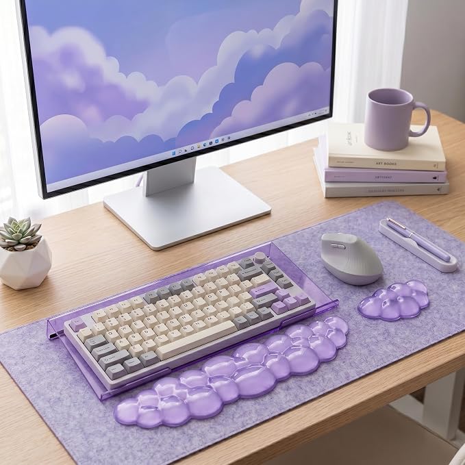 Acrylic Computer Keyboard Stand with Gel Cloud Wrist Rest Keyboard Riser with Comfortable Clear Silicone Mouse Wrist Pad Ergonomic Tilted Transparent Keyboard Holder for Desktop Office Purple