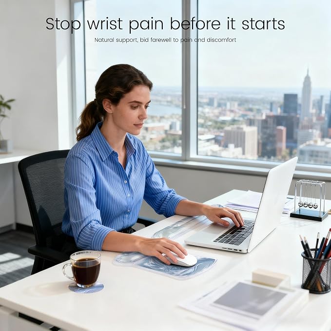 Ospelelf Mouse Pad with Wrist Rest and Ergonomic Gel Keyboard Hand Wrist, Support for Typing Gaming, Relieve Wrist Pain, Cool & Easy to Clean, for Office, Programmer, Home Computer Use, Silvery