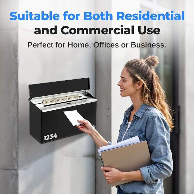 SereneLife Outdoor Wall Mailbox & Newspaper Holder | 0.24 FT Cubic Mailbox | Easy Installation, Secure Lock Mechanism | Ideal for Residential or Commercial Use | Wall Mountable | 15x3x11 in | Black