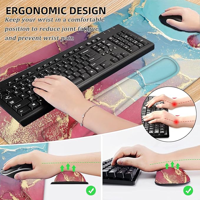 LATEEFAH Large Mouse Pad and Keyboard Wrist Rest, Desk Pad for Keyboard and Mouse, Extended Gaming Mouse Pad with Wrist Support, Waterproof Non-Slip Desk Mouse Mat for Office, Home