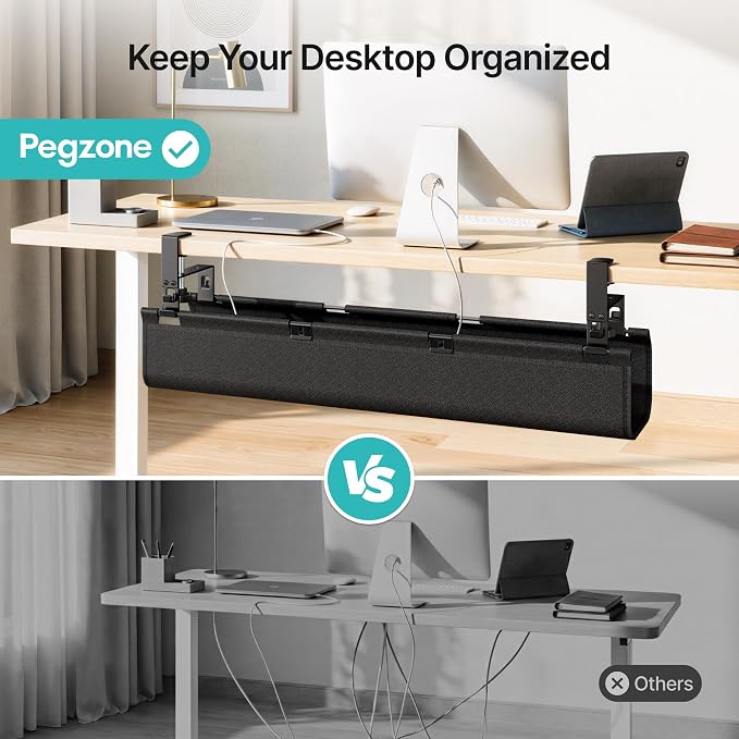 PEGZONE No Drill Under Desk Cable Management Tray, 31.5" Fabric Organizer | Clamp/Screw Premium Mount Cord Holder, for Power Strips, Adapters, with 2 Hooks & 1 Tie Roll for Home Office Gaming, Black