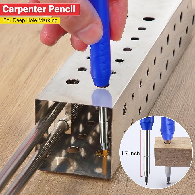 Hiboom Mechanical Carpenter Pencil with 7 Leads, Deep Hole Marker, Blue | Built-In Sharpener, Long Nose Construction Pencil, Pocket Clip Design, Woodworking Tools, Marks on Various Surfaces