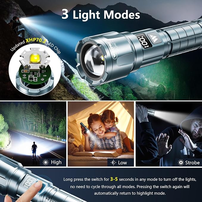 WdtPro Rechargeable Flashlights 2 Pack, Powerful Handheld Flashlight - Grey | LED High Lumens, LCD Battery Display, Zoomable 3 Modes, IP65 Waterproof, Tactical, For Home Emergencies Camping Outdoor