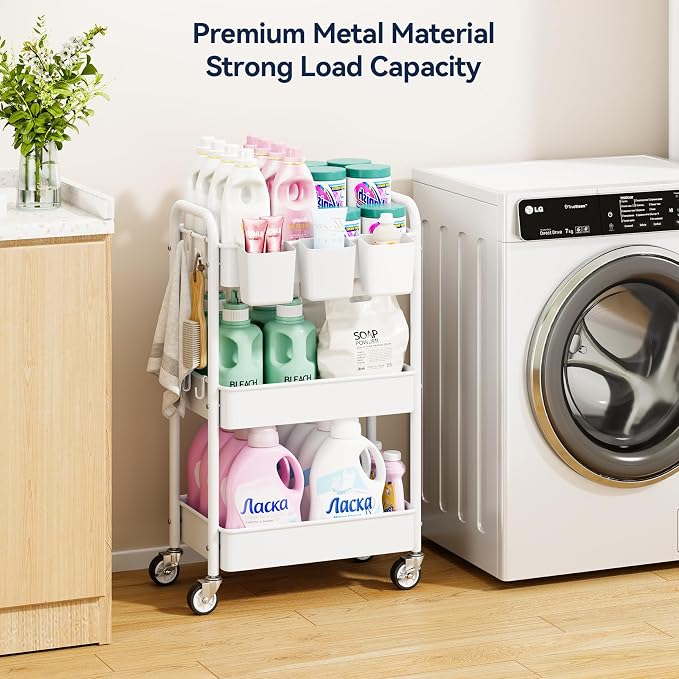 3 Tier Rolling Cart, Heavy Duty Metal Utility Cart with Wheel White | Sturdy Rolling Storage Cart With Hooks & Hanging Cups, Great For Craft, Art Workspace, Kitchen ,Snack And Office Storage