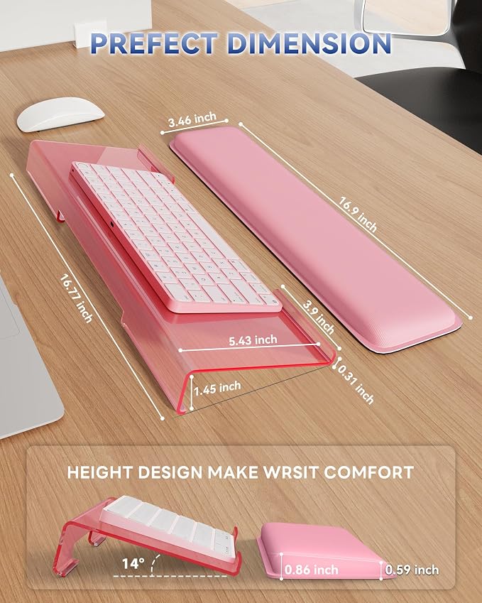 Laborio Computer Keyboard Wrist Rest, Keyboard Riser Stand for Desktop | Pink, Ergonomic Acrylic Keyboard Holder, Non-slip Wrist Pad, Pain Relief for Typing, Multiple Colors
