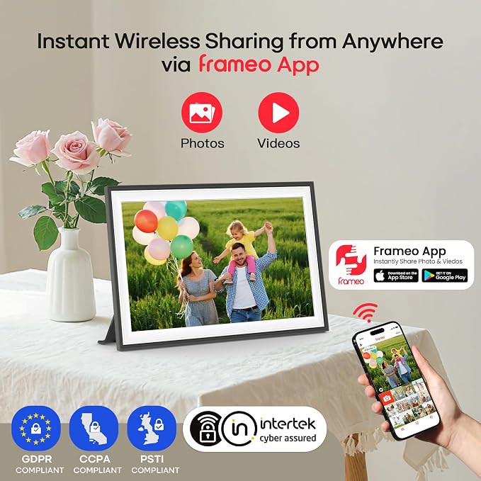 Frameo 10.1" WiFi Digital Picture Frame with 32GB Memory, 1280 x 800 IPS HD Touch Screen Electronic Photo Frame, Auto-Rotate, Slideshow, Wall Mountable, Share Photos/Video Remotely Anywhere