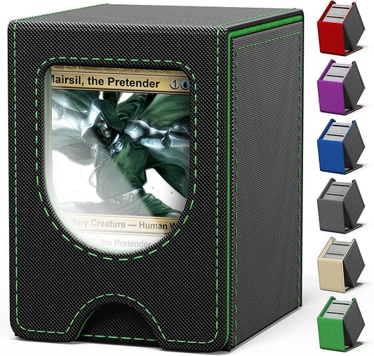 Card Deck Box for MTG Commander, Card Case Holds 100+ Double-Sleeved Cards, Magic Card Box Fits for TCG/PTCG/CCG Card with 2 Dividers (Black&Green)