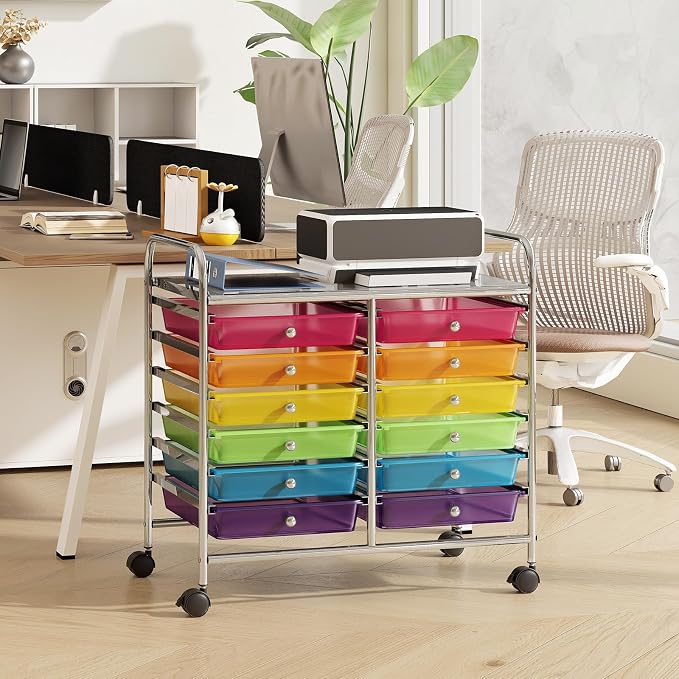 RELAX4LIFE 12-Drawer Rolling Storage Cart - Mobile Utility Cart on Wheels for School Classroom Teacher Office Salon, Paper File Art Supply Craft Organizer, Rolling Cart with Drawers (Rainbow)