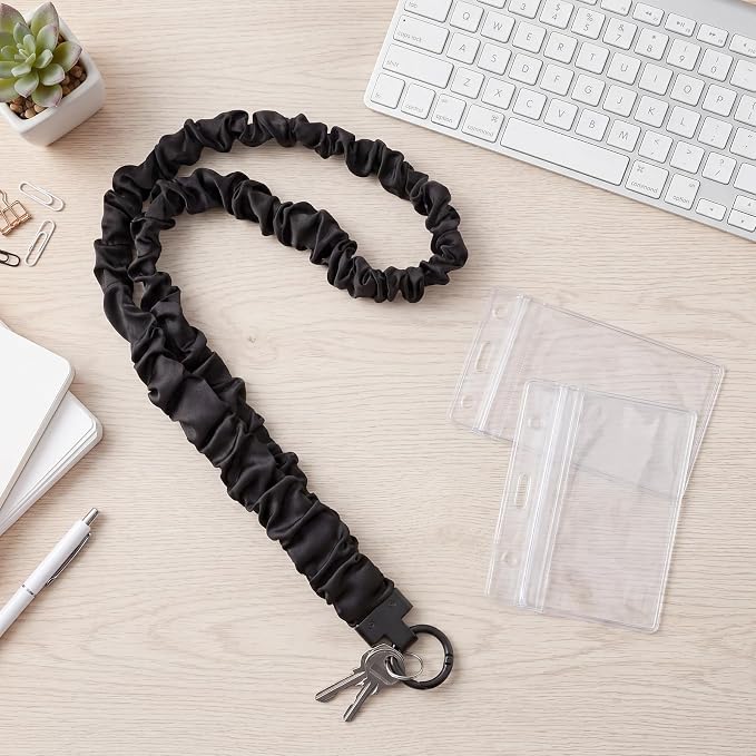 Prudiut Scrunchie Lanyards for ID Badges Retractable Teacher Lanyard Black Stretchy Scrunchie Lanyard with ID Holder (Black Metal Key Ring)