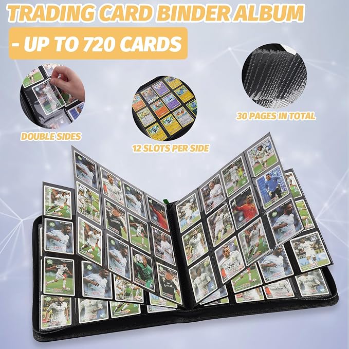 12 Pocket Ringless Side Loading Trading Card Binder, 720 Cards PU Fixed Page Zipper Card Album for TCG Sports Game Cards, Not Fit Top Loaders (Dark Green)