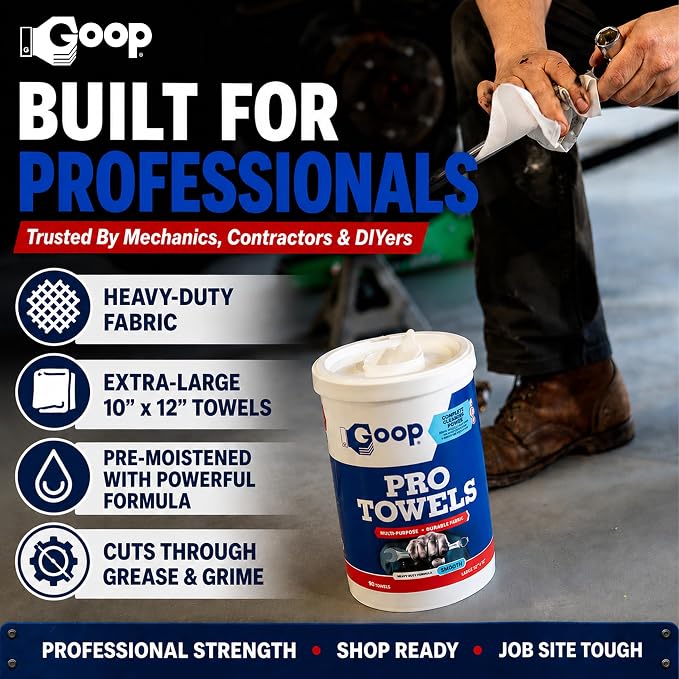 GOOP Pro Towels Heavy-Duty Multi-Surface Cleaning Wipes – Removes Engine Grease, Grime & Paint – Safe for Tools, Machinery & Painted Surfaces – 90 Extra Large 10" x 12" Towels (Pack of 2)