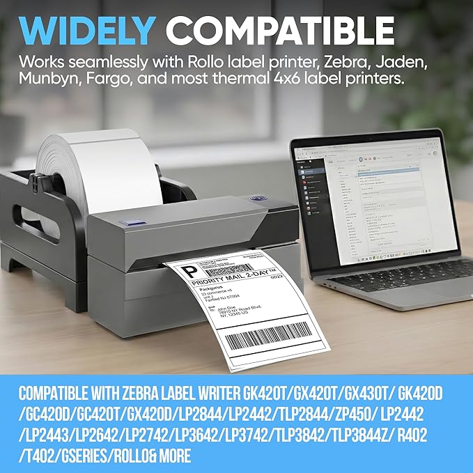 PackGurus 4"x6" Direct Thermal Label Roll, Shipping Labels with Perforated, Commercial Grade for Thermal Printer, 500 Labels/Roll, 4 Rolls (2,000 Labels Total)