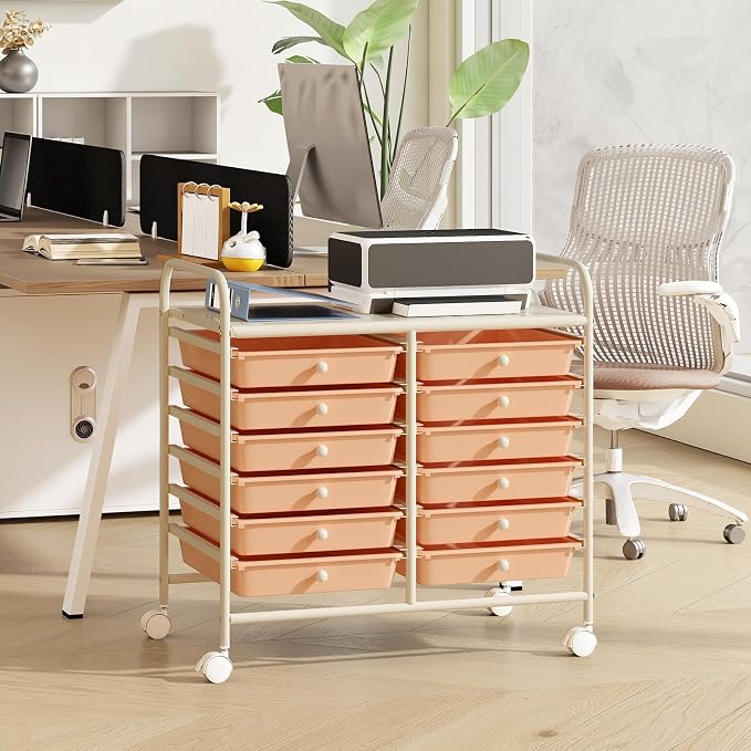 RELAX4LIFE 12-Drawer Rolling Storage Cart - Mobile Utility Cart on Wheels for School Classroom Teacher Office Salon, Paper File Art Supply Craft Organizer, Rolling Cart with Drawers (Pink)