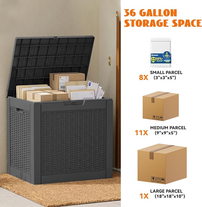 36 Gallon Package Delivery Boxes for Outside, Resin Outdoor Storage Box with Rattan Pattern, Storage Cabinet for Parcel Shipping & Storage
