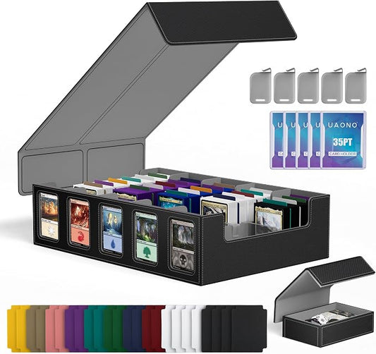 UAONO Trading Card Storage Box with Commander Display;3900+ Card Box for MTG, Removable Cover; 5 Row Case fits MTG TCG Sports Cards 48 Dividers,5 Stoppers,5 Top Loaders,1 Dice Box(Black, Grey)