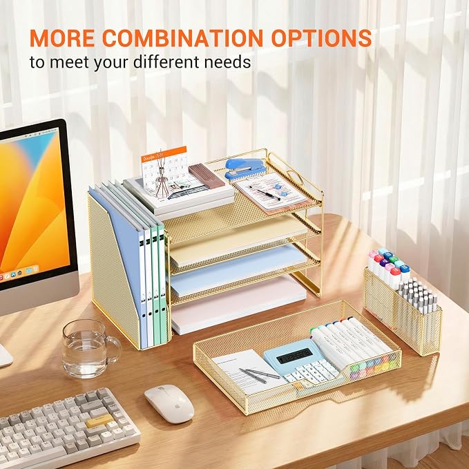 Desk Organizers and Accessories, 4-Tier Desktop File Organizer with Drawer and Pen Holders, Office Desk Accessories Workspace Organizers for Office Supplies (Gold)
