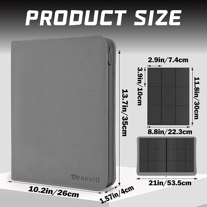 Trading Card Binder,360 Pockets Trading Card Holder Book, Premium PU Cover Zip Folder Binder, Side Loading Carrying Case Binder Album for TCG, MTG,Sports Cards, Game Cards (Gray)