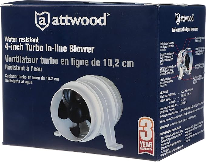 Attwood 1749-4 Turbo 4000 Series II In-Line Blower, For 4-Inch Interior Diameter Vent Hose, Water Resistant, 12-Volt (Pack of 6)