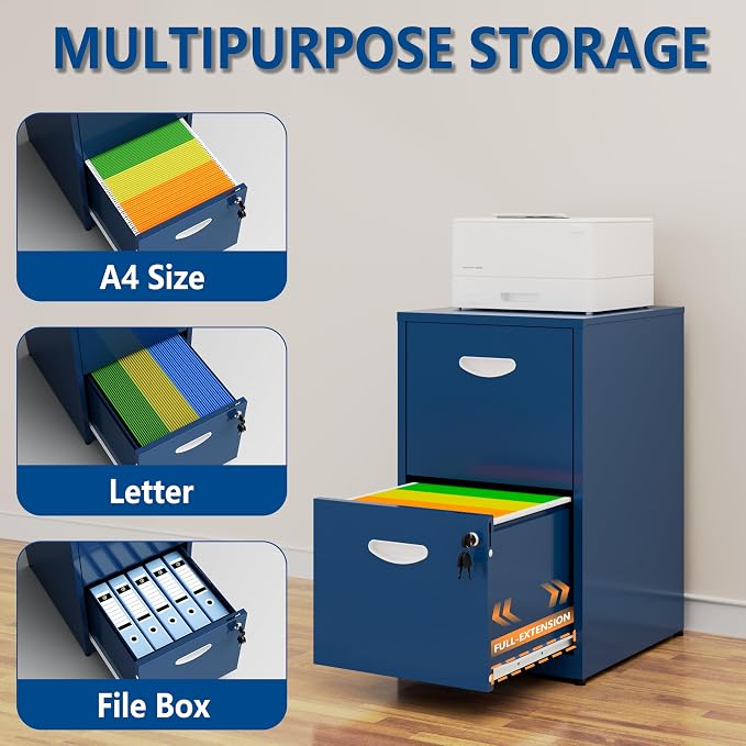 Polup 2 Drawer File Cabinet with Lock, Metal Filing Cabinet for Home Office | Small Locking Cabinet for Under Desk Storage, Printer Stand, Fits Letter Size, Blue, 26"H x 15"W x 18"D, Easy Assembly