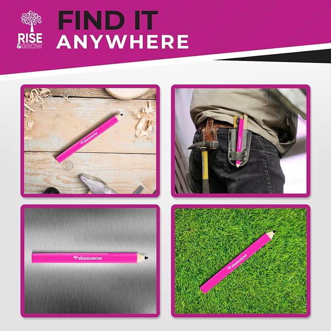 Rise & Grow 50 Set, Neon Pink Carpenters Pencils Bulk 7” – HB Lead Flat Construction Pencils for Men and Women - Woodworking Pencil for Marking Wood, Concrete and Plastic (Pink)