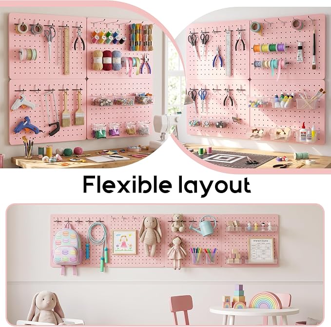 Pegboard Organizer Kit, 4 Pack 12 x 16 in Steel Panels with 6 Bins, Pink | 6 clear storage bins organize screws and small parts; 36 hooks and 30 peg locks keep garage tools sorted and easy to reach.