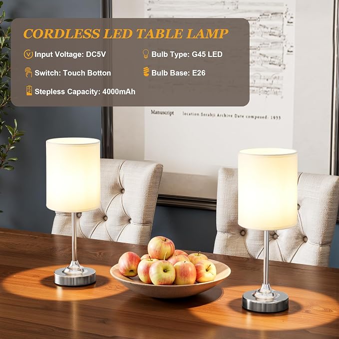 Touch Control Cordlss Table Lamp, USB-C Rechargeable Lamp with Stepless Dimming, 4000mAh Battery Operated Bedside Lamp for Bedroom, Living Room, Night Light & Emergency Lighting, Silver, 2 Pack