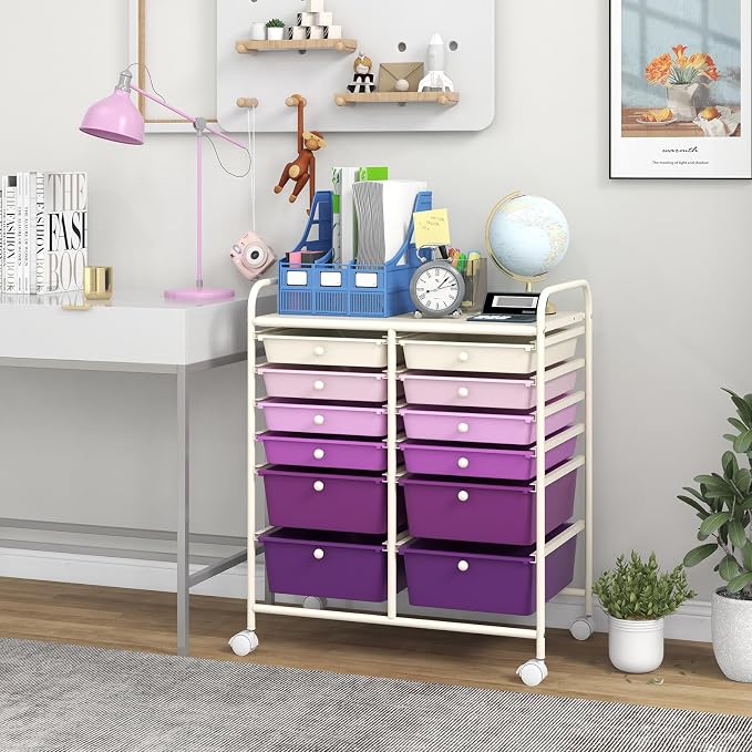 BECOMFORT 12-Drawer Rolling Cart with Drawers, Storage Cart on Wheels, Teacher Classroom Organizers with Metal Frame, Mobile Craft Cart, Trolley Utility Cart for School Office Play Room