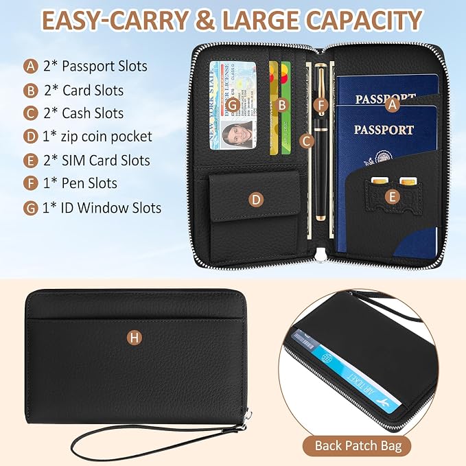 RFID Passport Holder for Travel Family with Coin Pocket, Black | Leather Passport Cover for 2, Travel Document Organizer with Wrist Strap & 24 Card Slots, for Women Men
