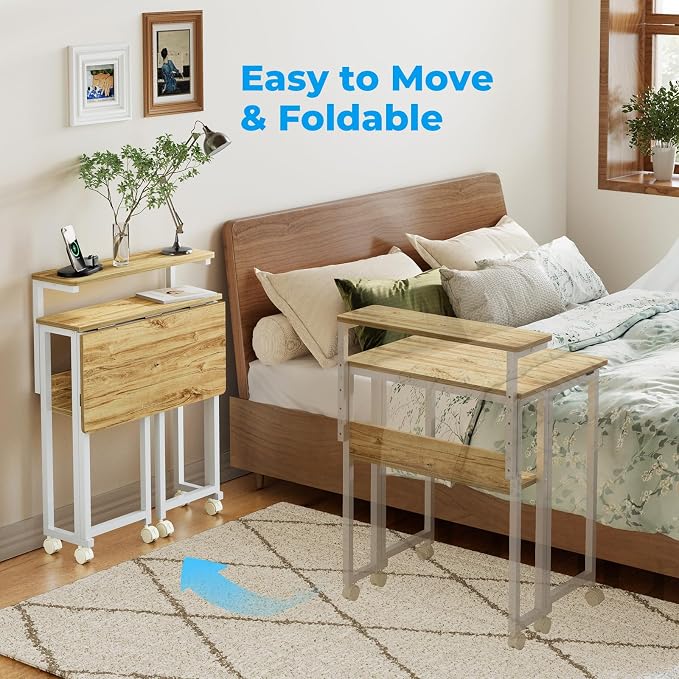 GreenForest Folding Desk with Adjustable Monitor Stand, 24.8 in Small Desk | Storage Shelf, Lockable Wheels, Portable, Space Saving, Mobile Rolling Table for Small Spaces, Home Office, Writing, Oak
