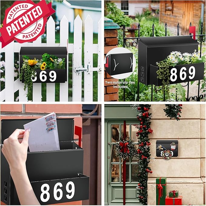 Wall-Mount Mailbox with Flag, Large Capacity Mailboxes for Outside House with Planter & 3 Sets of 0-9 Mailbox Number Stickers, Galvanized Steel Rust-Proof Post Box Metal Mail Box (Black)