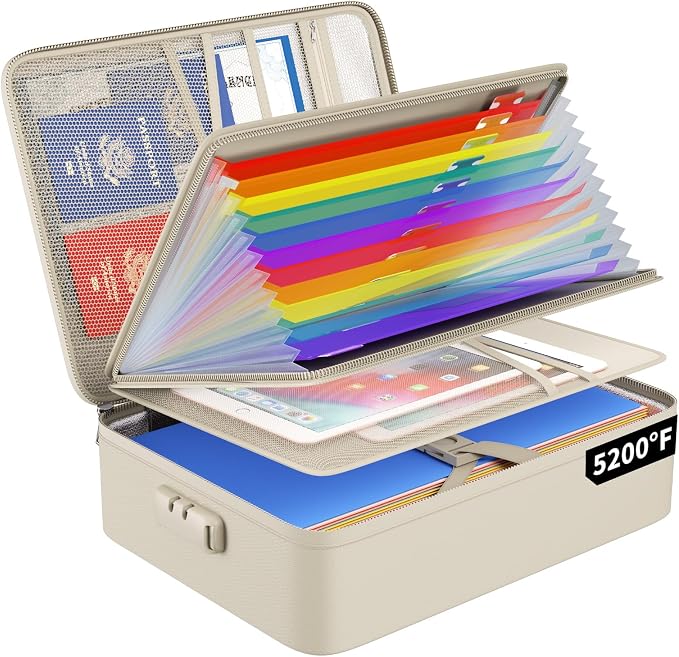 ENGPOW Fireproof File Organizer Bag with 13 Pockets Accordion File Folder | 5200℉ Document Organizer Box with Lock & Labels, Multi-Layer, Portable Home Safe Storage for Important Documents, Beige
