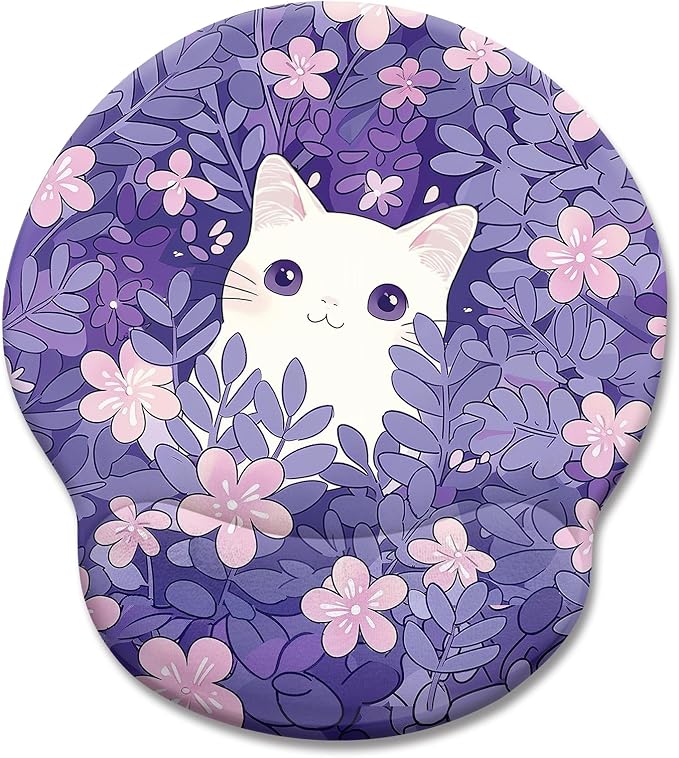 LIMKRIAN Purple Mouse Pad with Gel Wrist Rest, Cat Ergonomic Mouse Pad | Non-Slip PU Base, Smooth Surface, Comfort Wrist Support, Pain Relief, Cute Kawaii Purple Office Supplies Desk Accessories