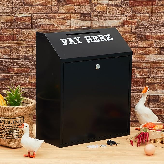 Yaocom Safe Metal Cash Box for Farm Stand – Money Drop and Secure Donation Collection, Wall Mount Lockable Unit with Pre Drilled Holes for Outdoor Self Serve(Black,18 x 15 x 7 Inch)