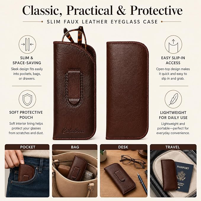 Calabria Slim Eye Glasses Case w/Clip Soft PU Leather Brown Men Women Eyeglasses Pouch Slip-In Eyewear Holder Sunglass Bag - 100PACK