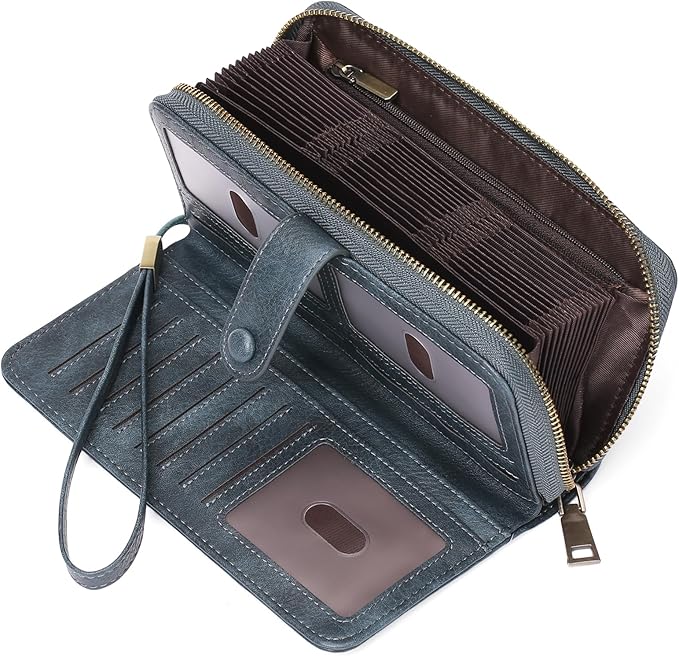GAEKEAO Leather Credit Card Holder Wallet for Women RFID Blocking Large Capacity Bifold Zipper Card Case Organizer with Wristlet 45 Slots