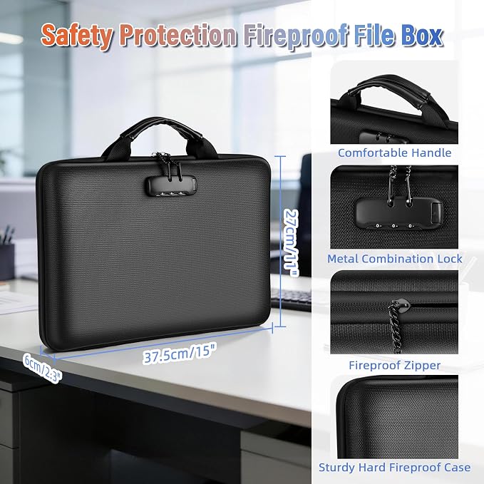 Fireproof Document Safe Box with Lockable Zipper, Hard-shell, 13 Pockets, Waterproof for Important Papers Binder, Fire/Water Resistant File Box for Travel, Home & Office, Organizer for Passport, Cards