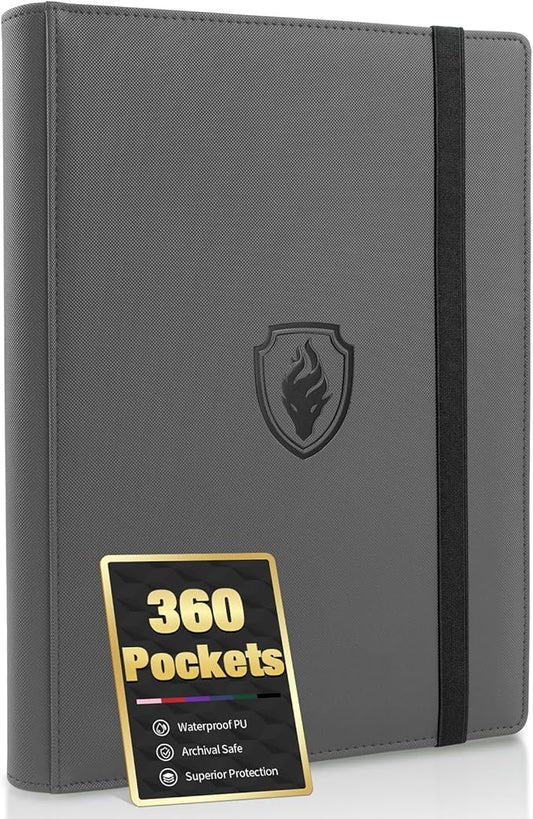 Premium 9 Pocket Card Binder for 360 Cards, Fabmaker PU Cover Trading Card Binder, Sturdy Card Collection Album, Sleek Card Holder Folders for Game Cards & Sports Cards, Grey
