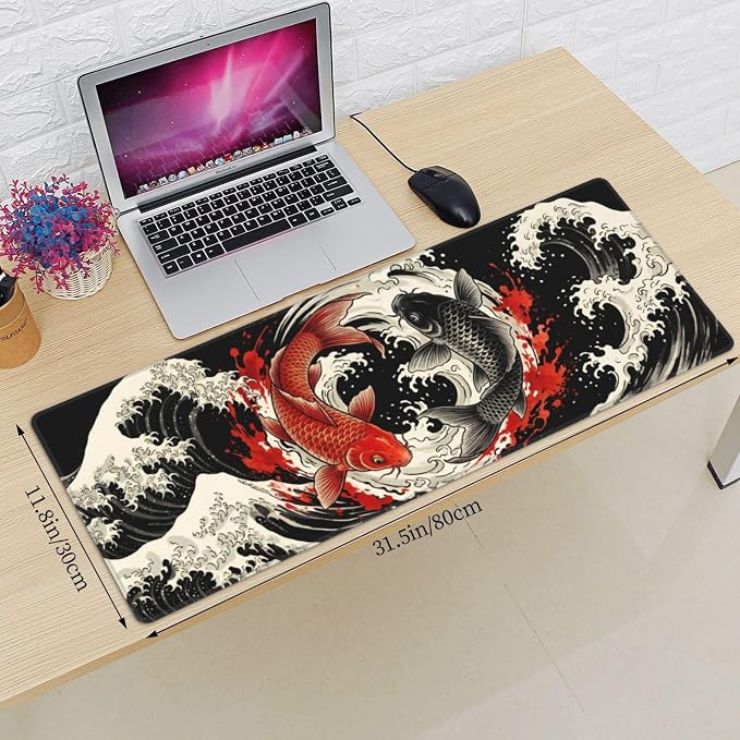 Japanese Koi Fish Wave Gaming Mouse Pad Large Extended Desk Mat Non-Slip Rubber Base Keyboard Pad with Stitched Edges for Office Gaming 31.5x11.8 in