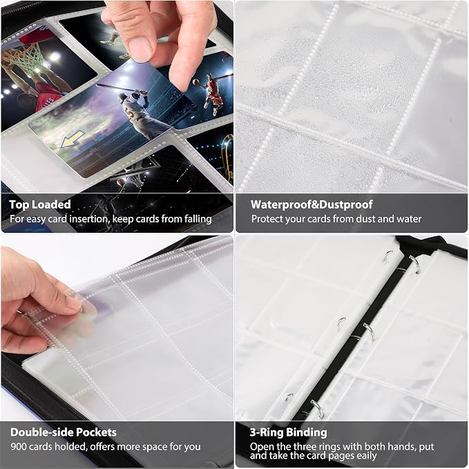 WOT I Trading Card Binder, 900 Pockets Baseball Card Binder Sleeves with Zipper, Double Sided Pockets Card Holder Carry Card Case for Baseball Card, Football Card(Light Blue), WO-CB-9-8