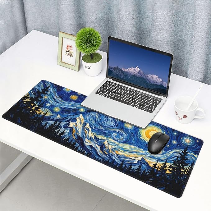 Starry Sky Forest Gaming Mouse Pad Extended Desk Mat 31.5x11.8in | Gaming Mousepad, Non-Slip Rubber Base, Large Keyboard Pad with Stitched Edges, Desktop Protector, for Office Home