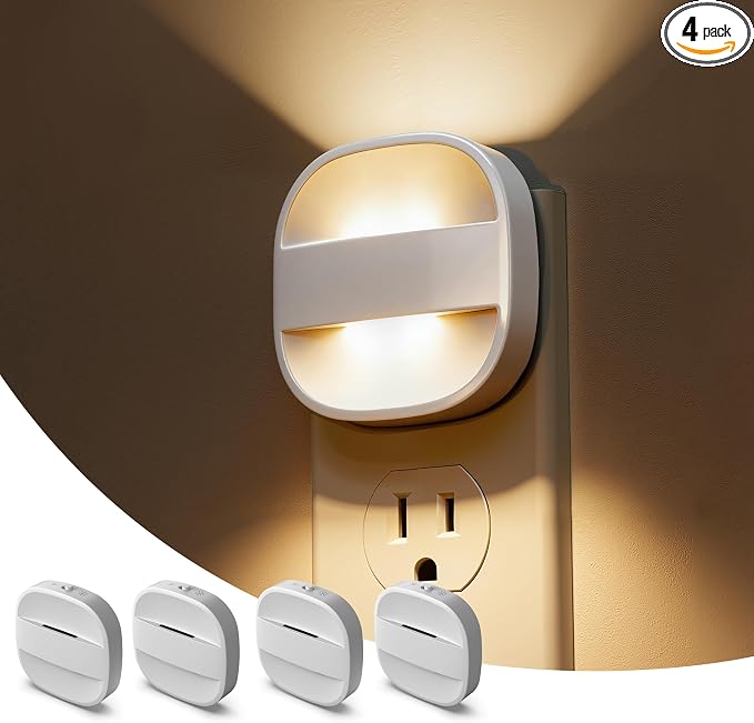 L LOHAS LED Night Lights Plug into Wall, Dimmable Night Light with Dusk to Dawn Sensor, Nightlight for Bathroom Night Light, Hallway, Kitchen, 3000K Soft White, Foldable, 4 Pack